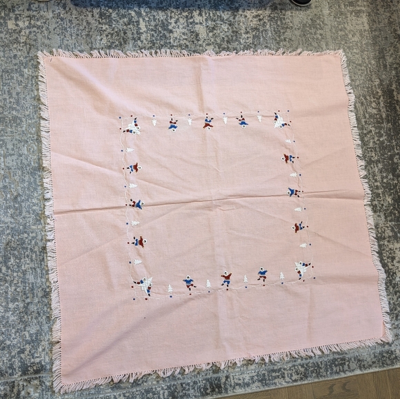 Unique Vintage Pink Christmas Tablecloth Decor 34" Embroidered Figures Signed - Picture 4 of 12